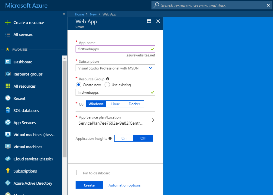 Create Azure Web App