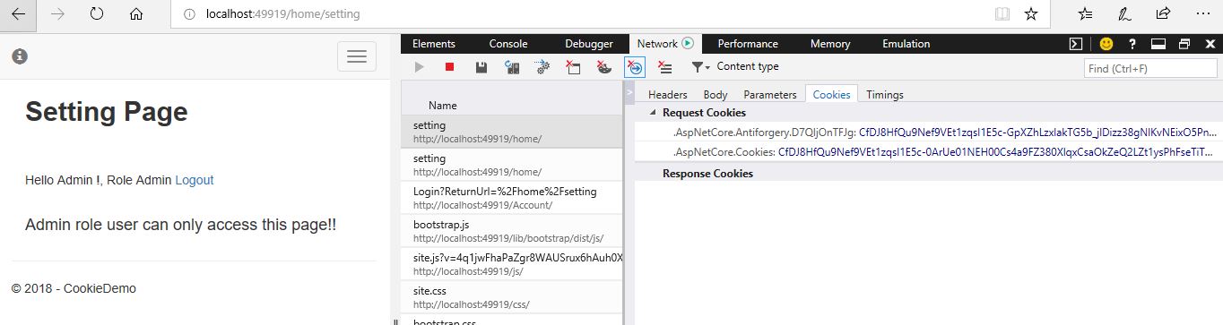 Cookie based authentication in asp.net core