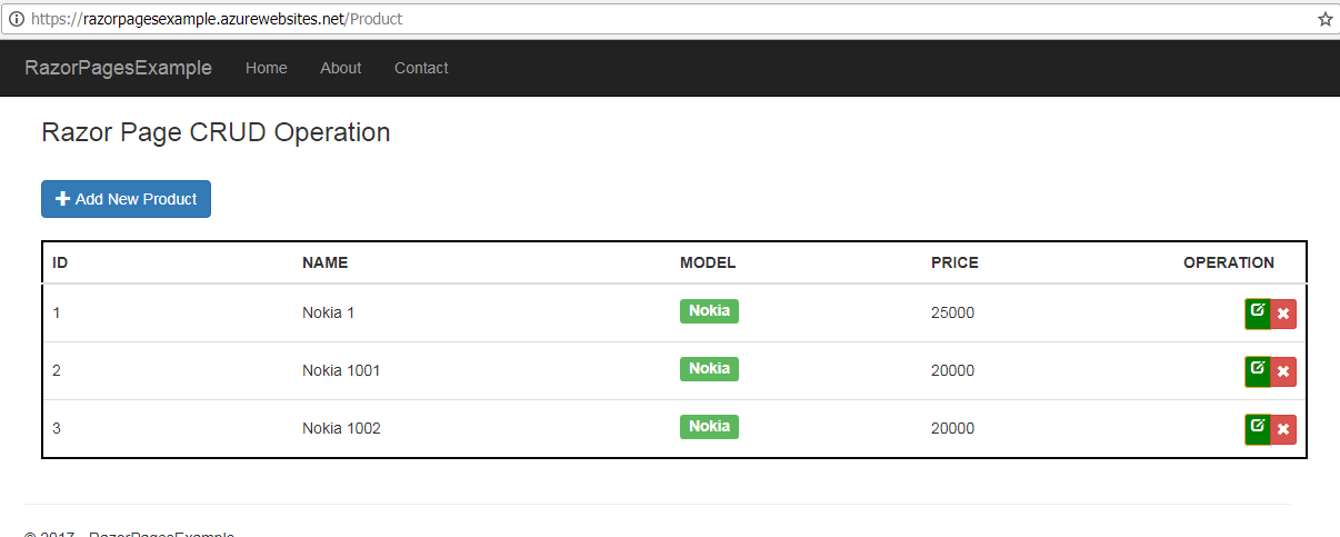Azure with Razor Page with CRUD operation